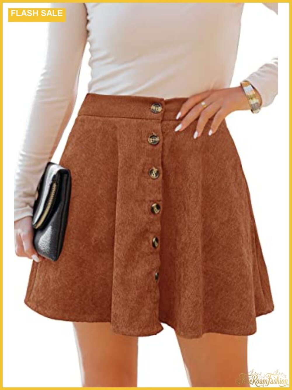 Women's Button Front Mini Skirt A-Line Pleated Corduroy Skater Skirt with